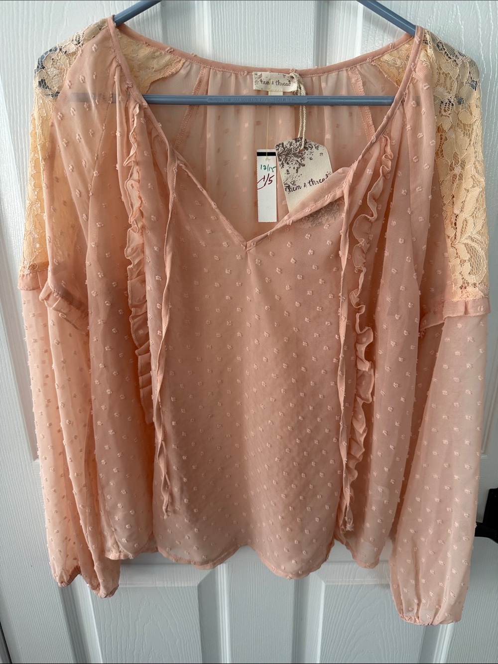 Hem & Thread Peach Swiss Dot Ruffle Lace Blouse - Women Tops